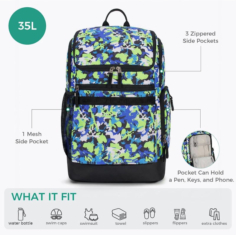 Choco Mocha Swim Bag for Kids - Swim Backpack for Boys Teens, 35L Waterproof Swimming Backpack with Wet/Dry Compartments for Swimmers, Pool, Beach and Swim Lessons, Camo Green - Image 4